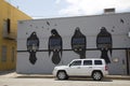 Graffiti birds on the grey wall of building