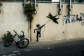 Graffiti of the boy on the wall, city of Tel Aviv Israel