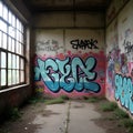Graffiti-covered abandoned factory wall Royalty Free Stock Photo