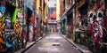 Graffiti-covered alleyway, showcasing various artistic styles and messages , concept of Creative expression Royalty Free Stock Photo