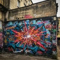 Graffiti-covered urban wall featuring a vibrant explosion design at its center, with Royalty Free Stock Photo