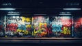 A graffiti covered wall in an underground parking garage, AI