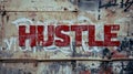 A graffiti covered wall with the word Hustle written in red Royalty Free Stock Photo