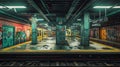 Graffiti-covered walls and columns in an empty, dimly lit subway station, creating an urban, Generative Ai Royalty Free Stock Photo