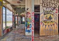 Graffiti Covers the Remains of an Abandoned Gas Station along old Route 66 Royalty Free Stock Photo