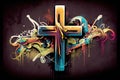 graffiti cross on dark background, generative ai