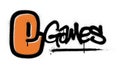 Graffiti E games text sprayed in black and orange over white