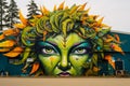 graffiti girl with cannabis leaf hair, street marijuana art generative ai