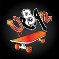 Graffiti inscription `Urban` and skateboard. Vector illustration. Multicolored skateboard.