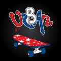 Graffiti inscription `Urban` and skateboard. Vector illustration. Multicolored skateboard.