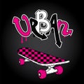 Graffiti inscription `Urban` and skateboard. Vector illustration. Multicolored skateboard.