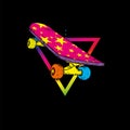 Graffiti inscription `Urban` and skateboard. Vector illustration. Multicolored skateboard.