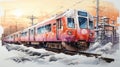 Graffiti-inspired Manned Train Winter Watercolor Painting In Japan