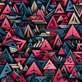 Graffiti-inspired pattern of red and blue triangles on black (tiled)