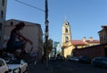 Graffiti `Message` Fintan Magi and the Virgin-Rozhdestvensky monastery on Rozhdestvenka street in Moscow