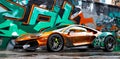 graffiti painted sports car near painted wall, street art wallpaper background banner