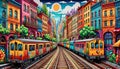 Graffiti pop art downtown railroad car city skyline