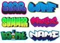 Graffiti set. Summer, star, wtf, music, paint, name words. Street art spray paint stickers