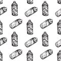 Graffiti spray can vector doodle seamless pattern isolated on white. Aerosol paint in a tank. Hand drawn illustration.