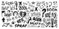 Graffiti spray elements. Art doodle font. Urban brush texture. Hand drawn lines. Graphic heart or star. Wall painting Royalty Free Stock Photo