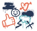 Graffiti Spray Elements Smiling Face, Thumb Up, Heart with an Arrow, Cloud with Flash, Cross and Spot of Vibrant Colors