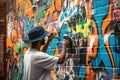 graffiti sprayer artist creating colorful mural on brick wall