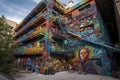 graffiti sprayer artist creating intricate, colorful mural on abandoned building