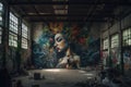 graffiti sprayer artist creating large-scale mural in abandoned factory building