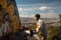 graffiti sprayer artist working on mural in public space, with view of the surrounding city visible