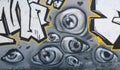 Graffiti art in the city street showing many painted eyes on the concrete gray wall as background.