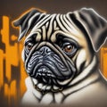 graffiti style Pug dog sprayed on a brown wall