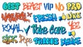 Graffiti tags. Fresh, best and dope street art text signs. Spray paint typography, like and dislike graffitis vector set Royalty Free Stock Photo