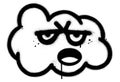 Graffiti talking cloud character sprayed in black over white