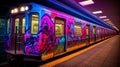 Multi-colored Graffiti Train at Station: A Splash of Subversive Art.Generative AI