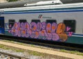 Graffiti on a train in the trainstation in Camogli, Northern Italy Royalty Free Stock Photo