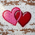 Graffiti of two interlocking hearts on a brick wall, painted white. The hearts are vibrant, Royalty Free Stock Photo