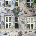 Graffiti, urban art in the city, abstract fantasy painting with insects like bugs, caterpillar on house front, Dusseldorf, Germany