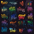 Graffiti vector graffito of brushstroke lettering or graphic grunge typography illustration set of street text with love