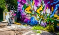 Graffiti on a wall and an air pump at a gas station in Little Five Points, Atlanta, Georgia. Royalty Free Stock Photo