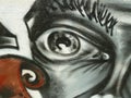 Graffiti on wall in Lisbon, Portugal, detail of eye on a black and white face. Royalty Free Stock Photo