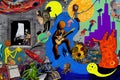 Graffiti on wall, pop art, astronaut, octopus, guitar witch cat