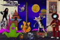 Graffiti on wall, pop art, astronaut, octopus, guitar witch cat