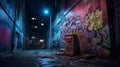 graffiti on the wall In a secluded alleyway off a neon-lit city street at night, AI generated