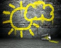 Graffiti wall with sun and cloud sign, street background