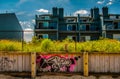 Graffiti on wooden fence in front of waterfronts condos in Point Royalty Free Stock Photo
