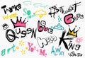 Graffiti words and elements, street art with spray paint drips. Abstract urban wall scribbles savage Royalty Free Stock Photo