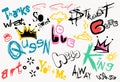 Graffiti words and elements, street art with spray paint drips. Abstract urban wall scribbles savage Royalty Free Stock Photo