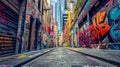Graffiticovered walls line a narrow alleyway while towering glass highrises loom in the background representing the