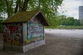 Grafitti on a cottage at the flaucher in munich near the isar Bavaria.