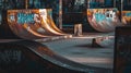 A Grafitti Covered Skate Park With Ramp Structures Royalty Free Stock Photo